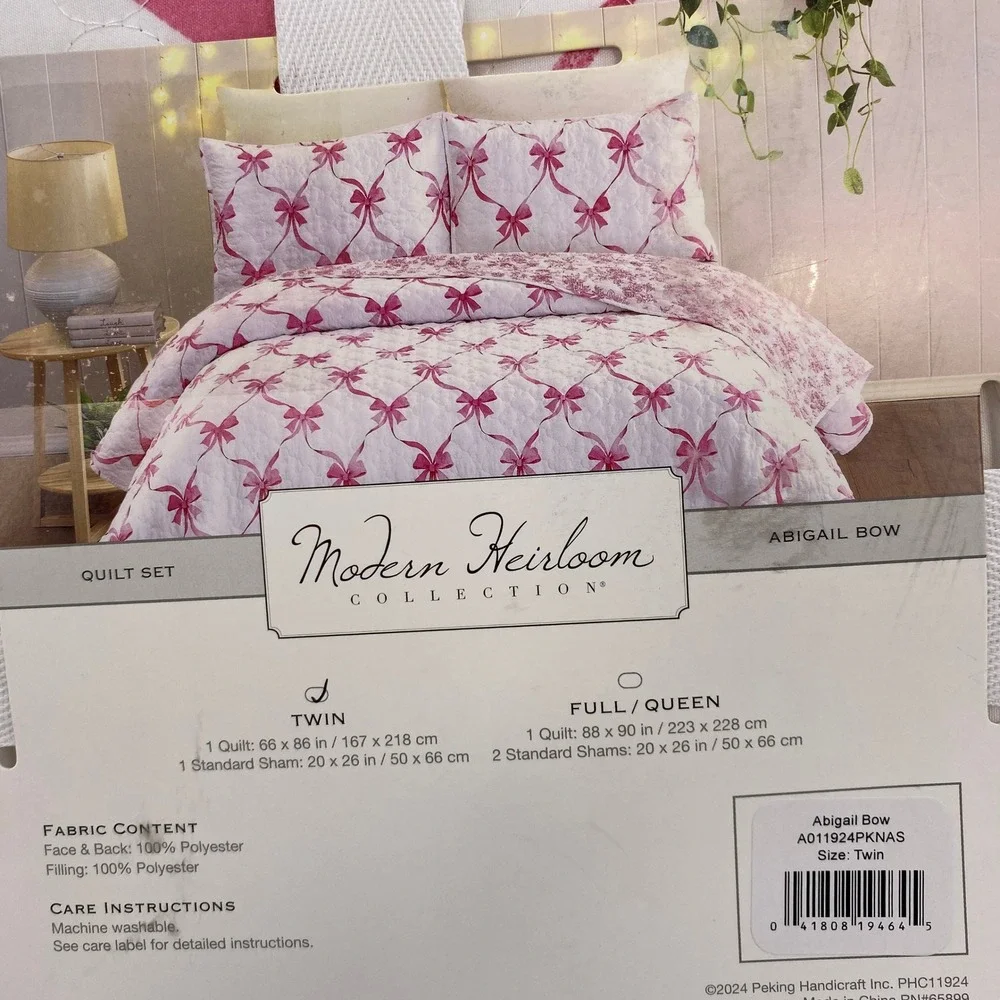 Modern Heirloom Abigail Bow Quilt Set Twin White Pink Ribbon Coquette Cottage